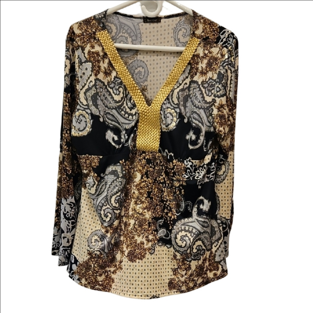 BANABEE Top Gold Trim V-Neck L/S Floral Print Women's Plus 1X (missing size tag)